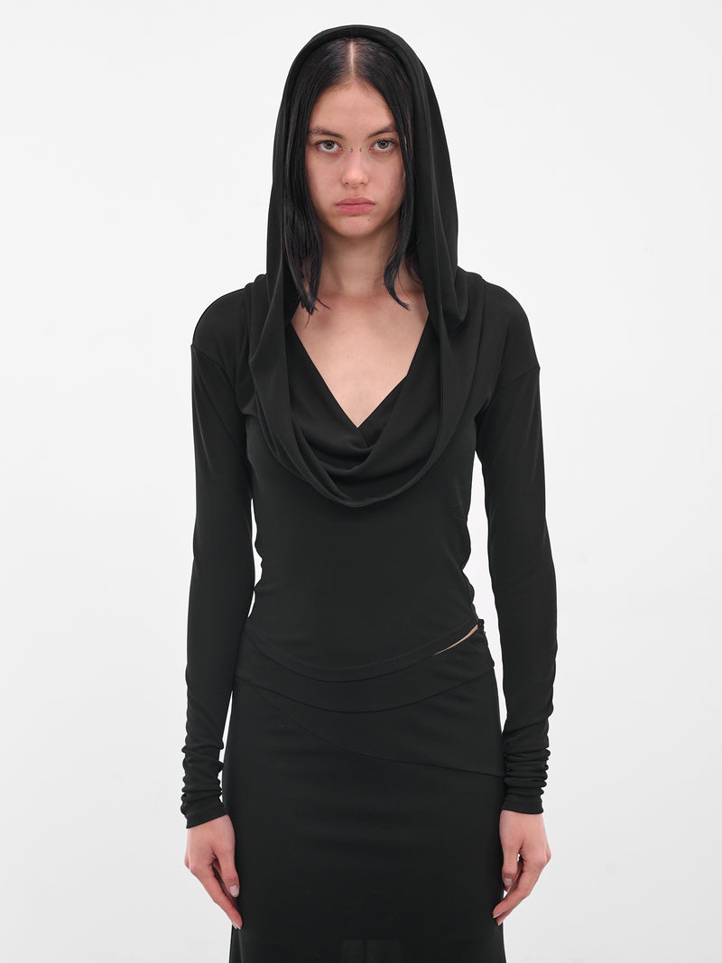 Black Hooded Long Sleeve Top (#001211-232-BK-BLACK)