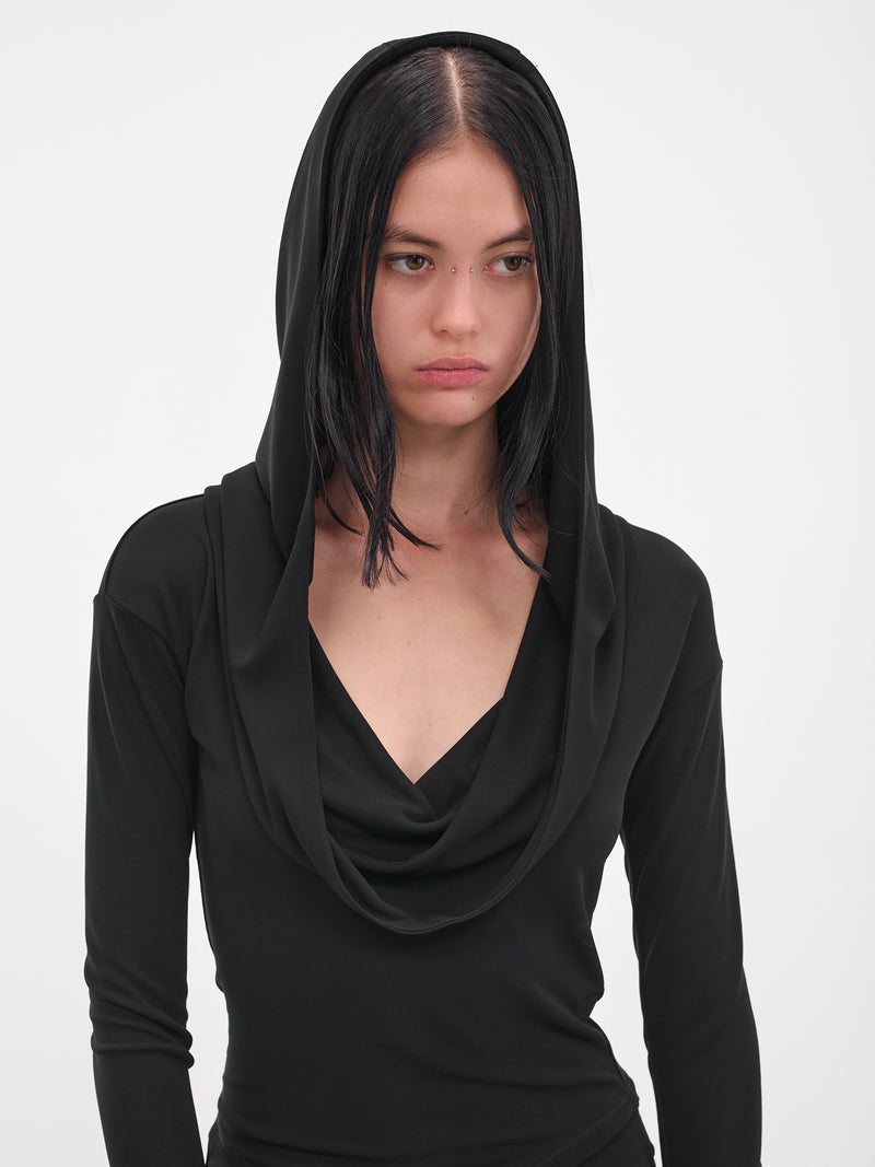 Black Hooded Long Sleeve Top (#001211-232-BK-BLACK)
