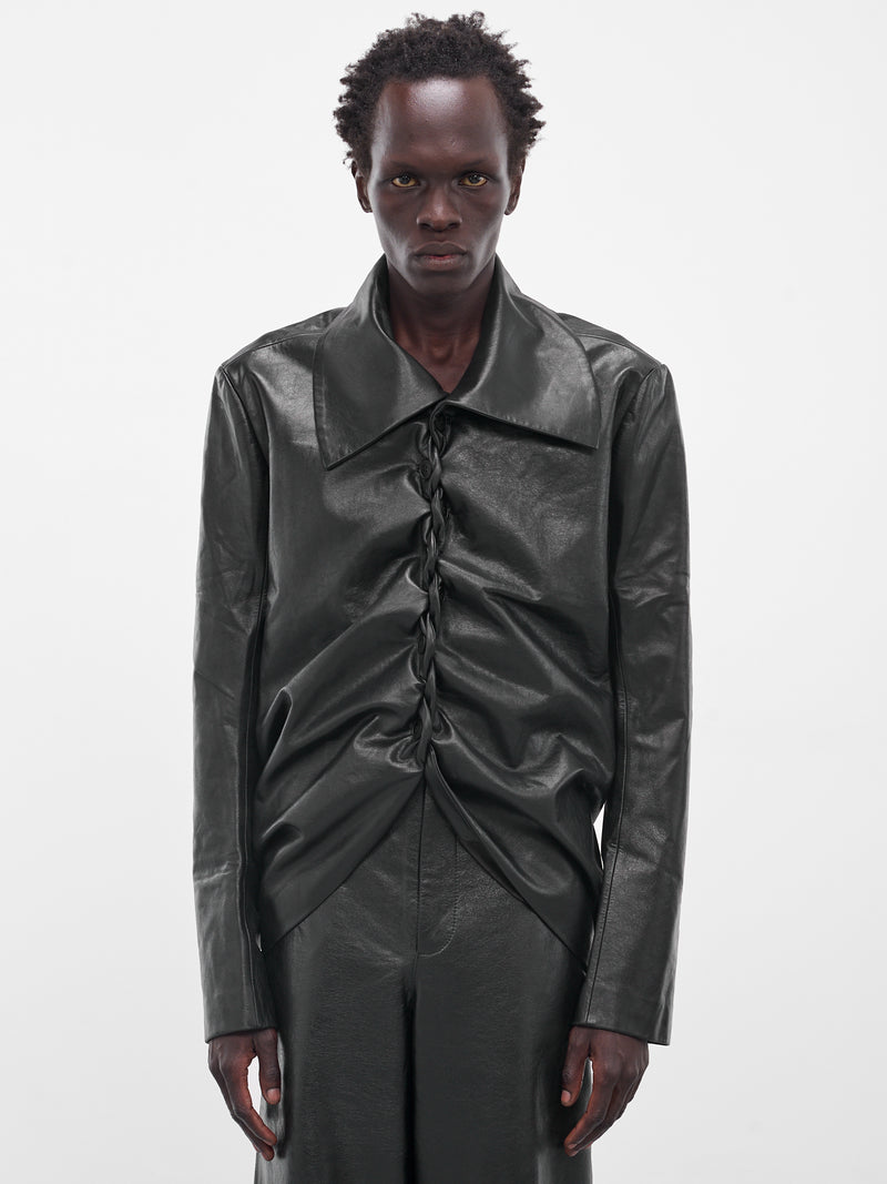 Black Leather Swing Pleated Jacket (003-15-BLACK)