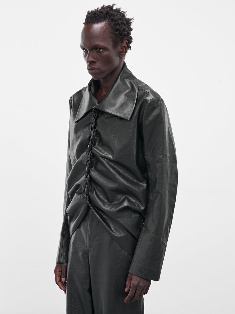 Black Leather Swing Pleated Jacket (003-15-BLACK)