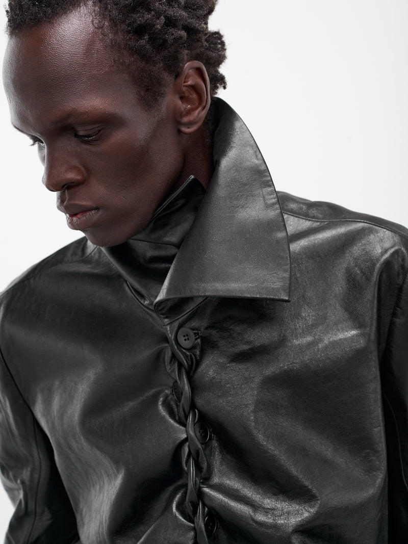 Black Leather Swing Pleated Jacket (003-15-BLACK)