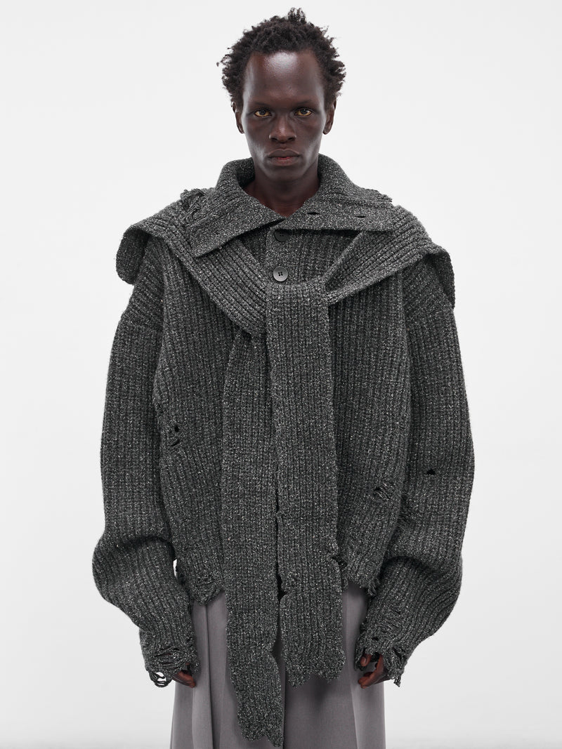 Distressed Scarf Polo Knit Sweater (004-02B-BLACK)