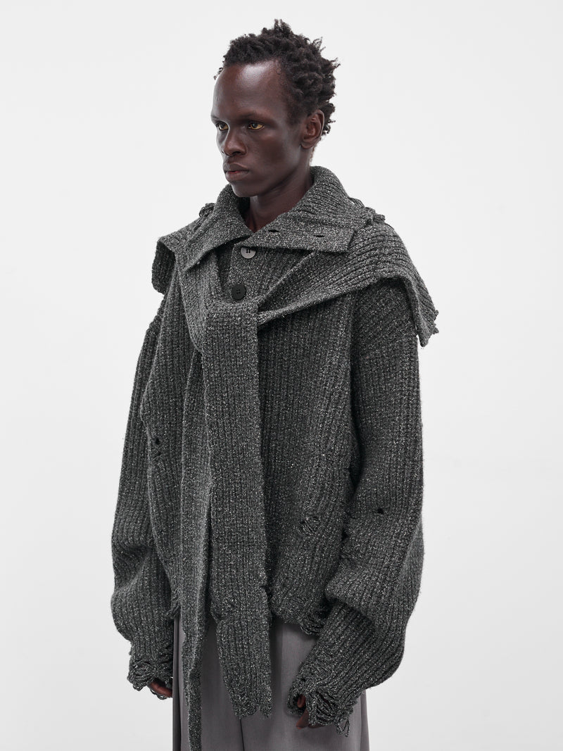 Distressed Scarf Polo Knit Sweater (004-02B-BLACK)