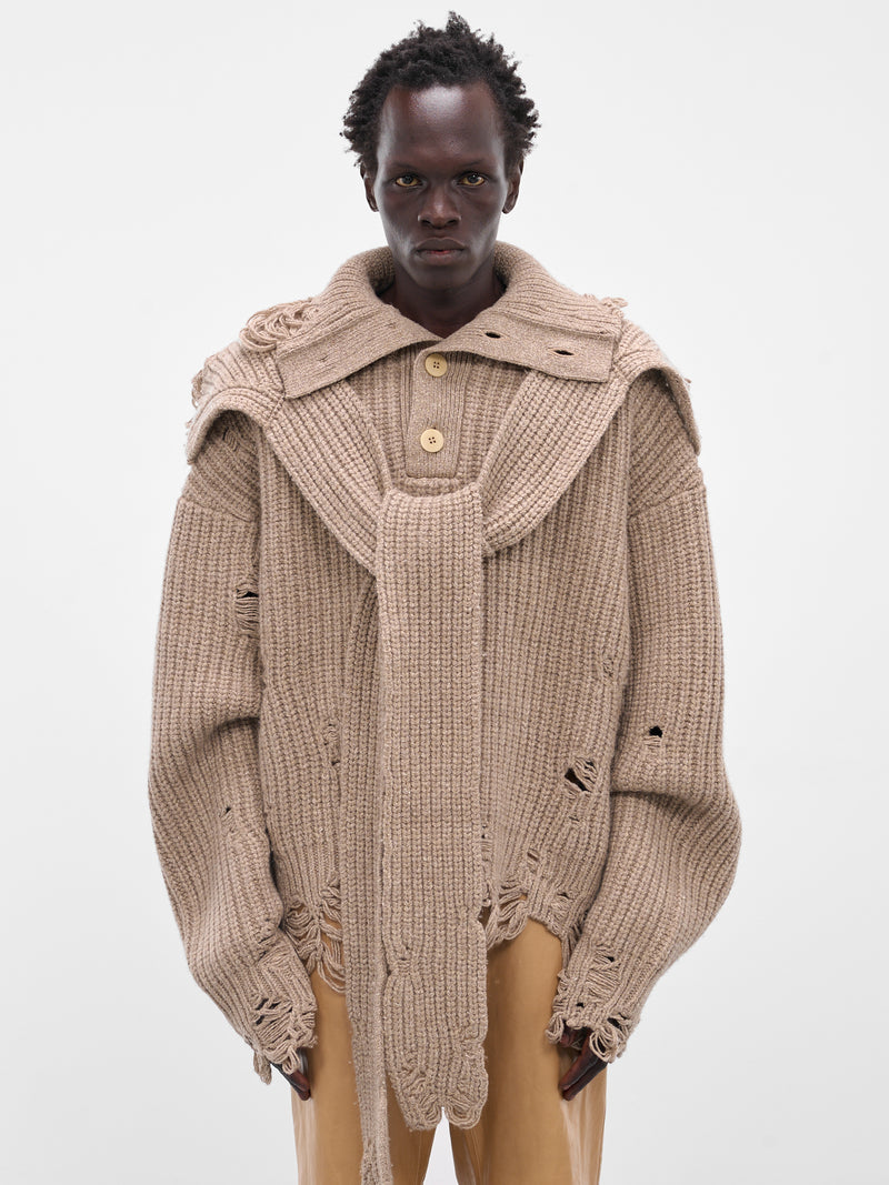 Distressed Scarf Polo Knit Sweater (004-02K-OATMEAL)