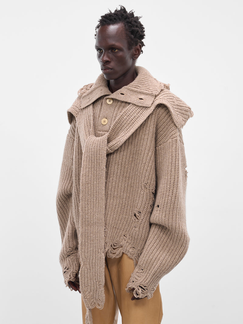 Distressed Scarf Polo Knit Sweater (004-02K-OATMEAL)