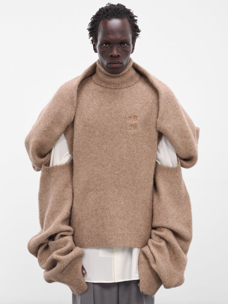 Beige Knit Scarf Sleeve Sweater (004-03C-CAMEL)