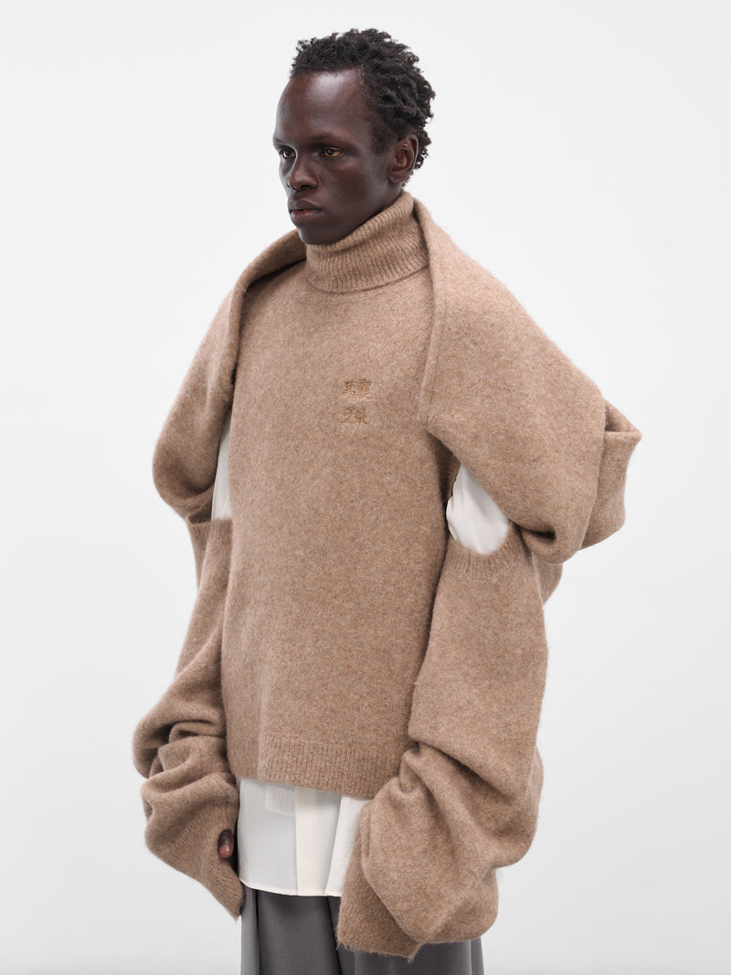 Beige Knit Scarf Sleeve Sweater (004-03C-CAMEL)