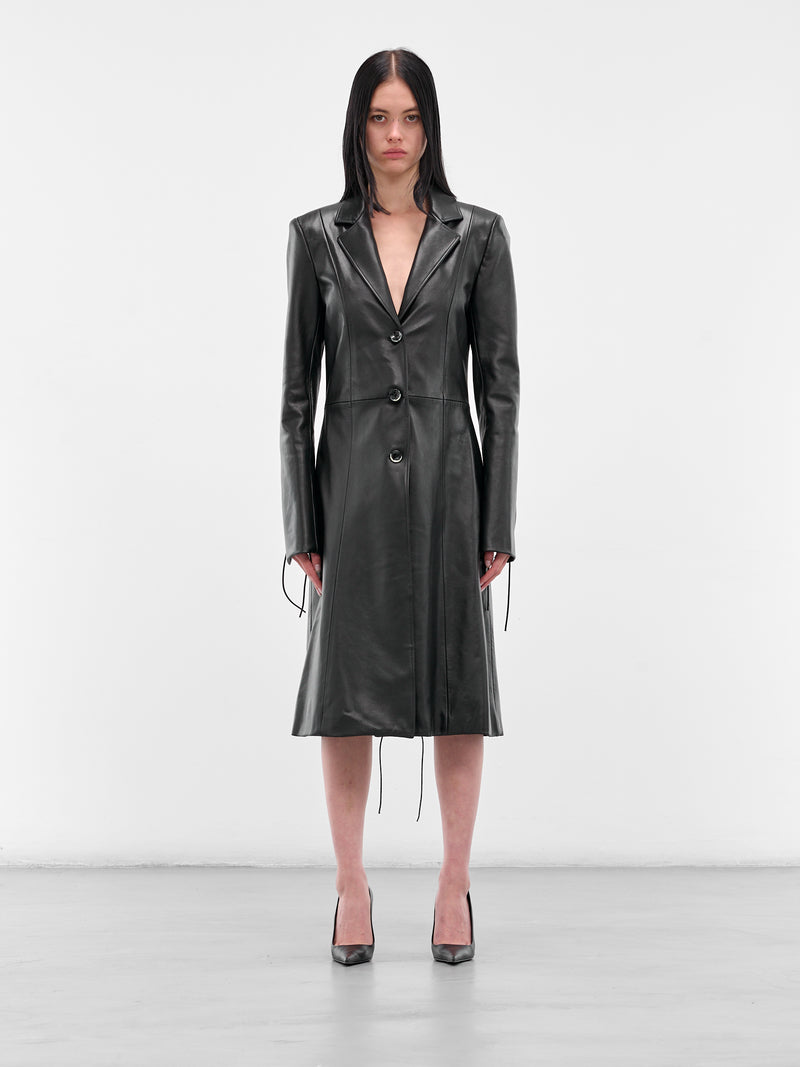 Black Leather Lace-Up Coat (#004049-L10-BK-BLACK)