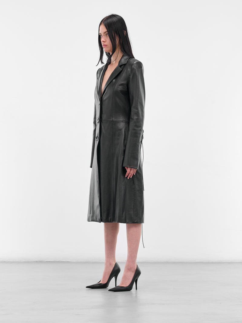 Black Leather Lace-Up Coat (#004049-L10-BK-BLACK)