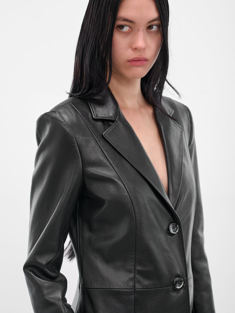 Black Leather Lace-Up Coat (#004049-L10-BK-BLACK)