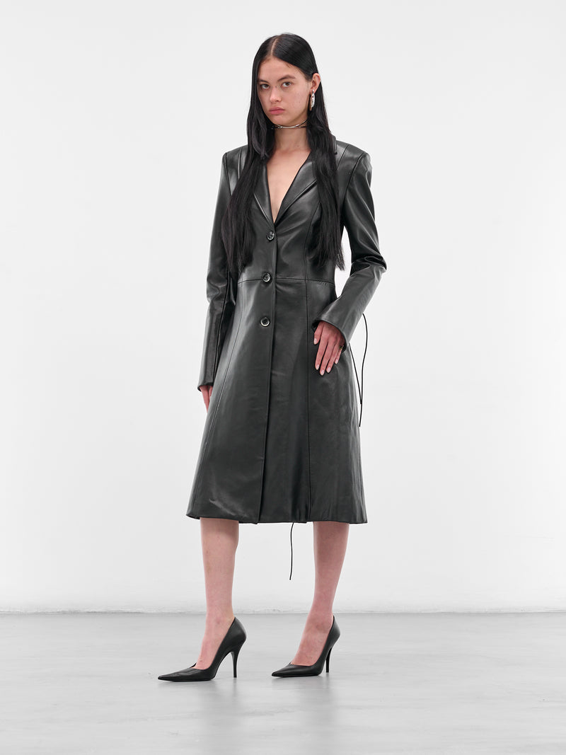 Black Leather Lace-Up Coat (#004049-L10-BK-BLACK)