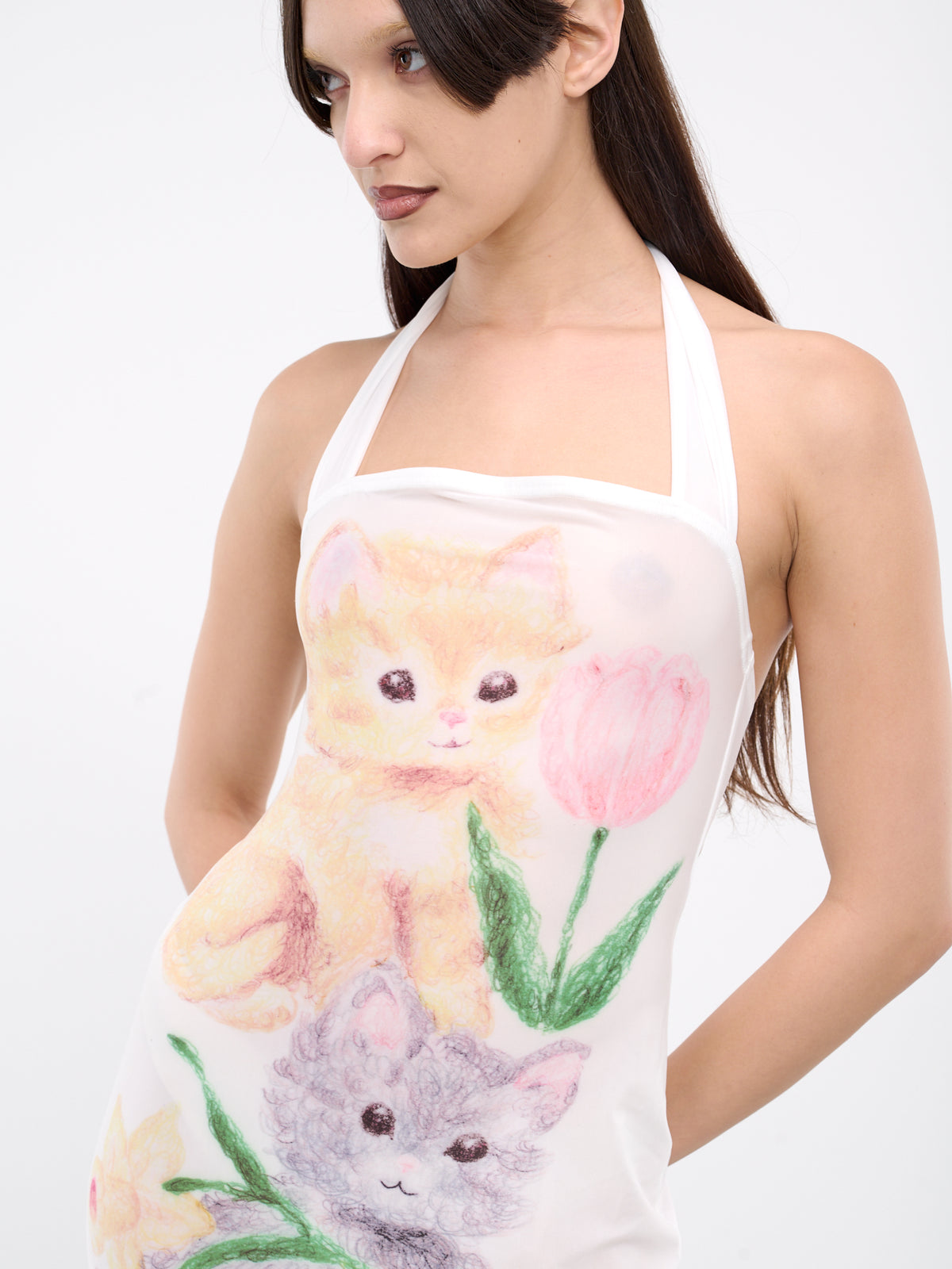 Kitty Printed Halter Dress (00D21-WHITE-KITTY-PRINT)