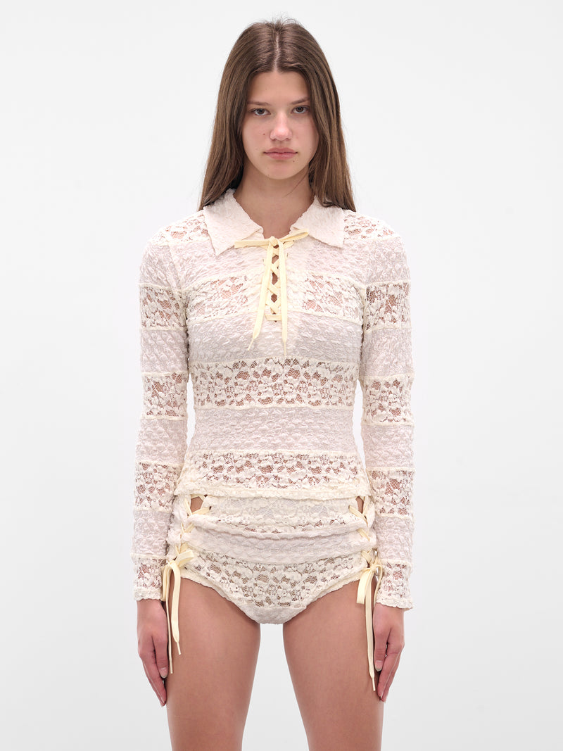 White Striped Lace Polo Top (00T05W-IVORY)
