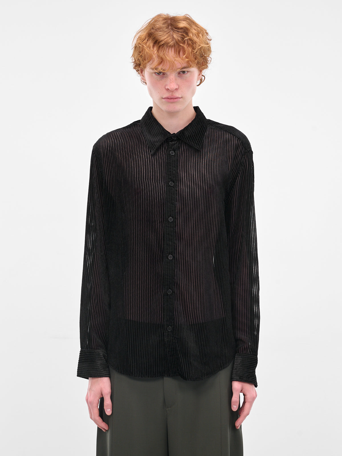Black Sheer Striped Button-Up Shirt (0570-T313-DEVORED-STRIPES)