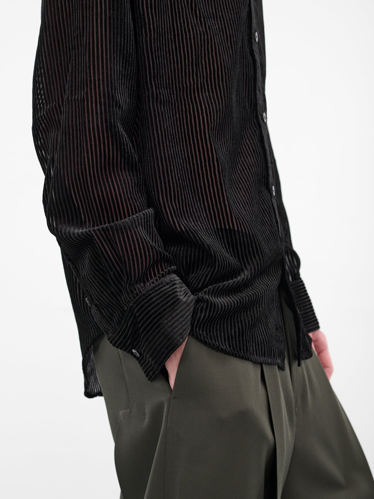 Black Sheer Striped Button-Up Shirt (0570-T313-DEVORED-STRIPES)