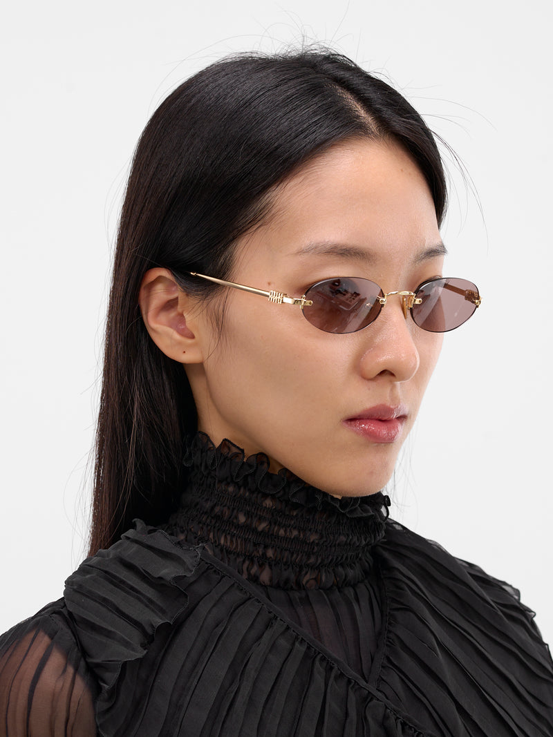 Gold-Tone Metal Oval Sunglasses (0MU-A54S-GOLD-PURPLE-BROWN)