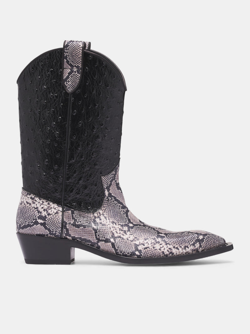 Leather Ostrich Snakeskin Cowboy Boots (1061LE02056-GREY-BLACK)
