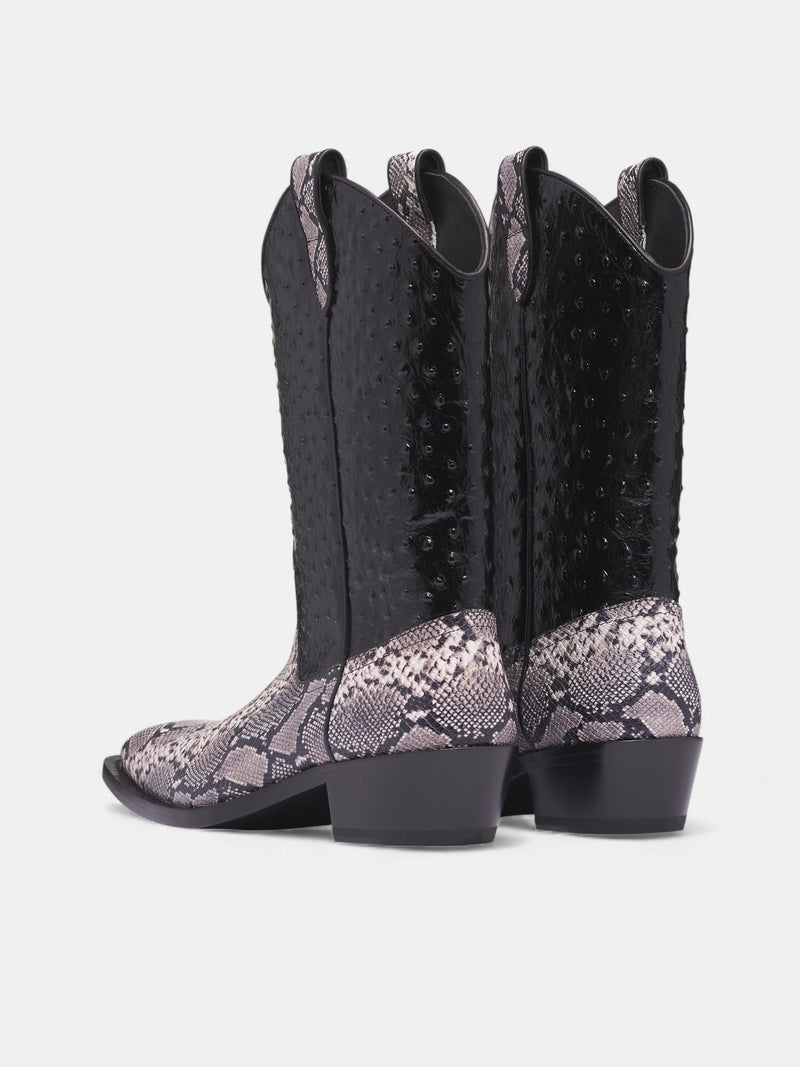 Leather Ostrich Snakeskin Cowboy Boots (1061LE02056-GREY-BLACK)