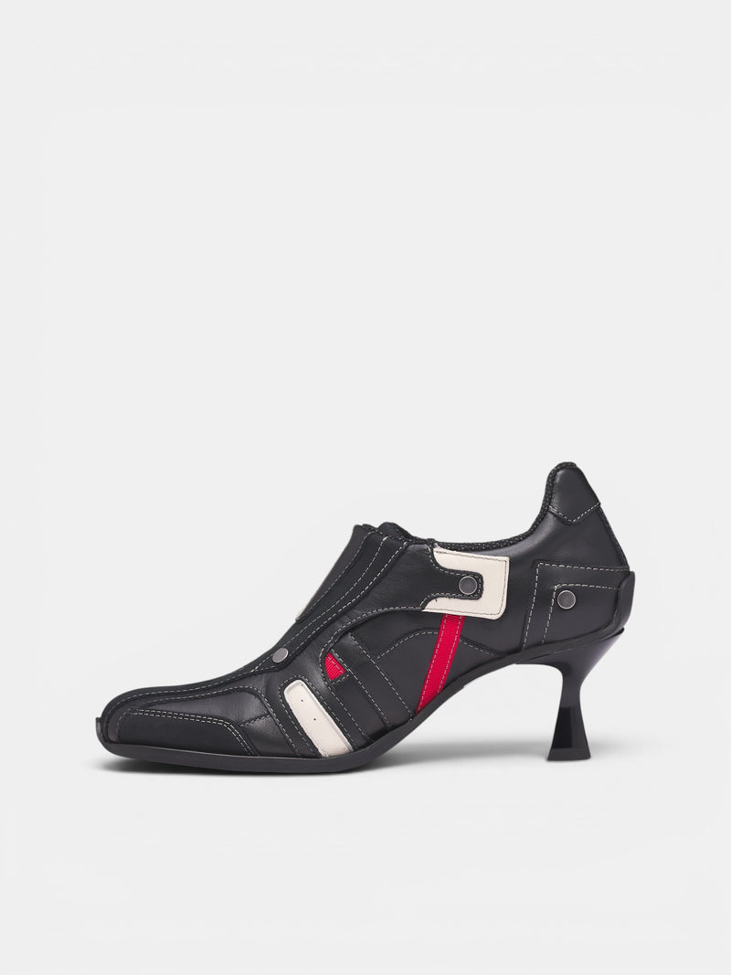 Black Leather Sporty Heeled Mules (1085LP35001S0-BLACK)