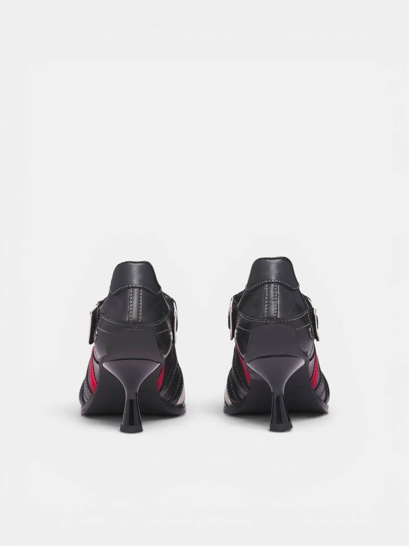 Black Leather Sporty Heeled Mules (1085LP35001S0-BLACK)