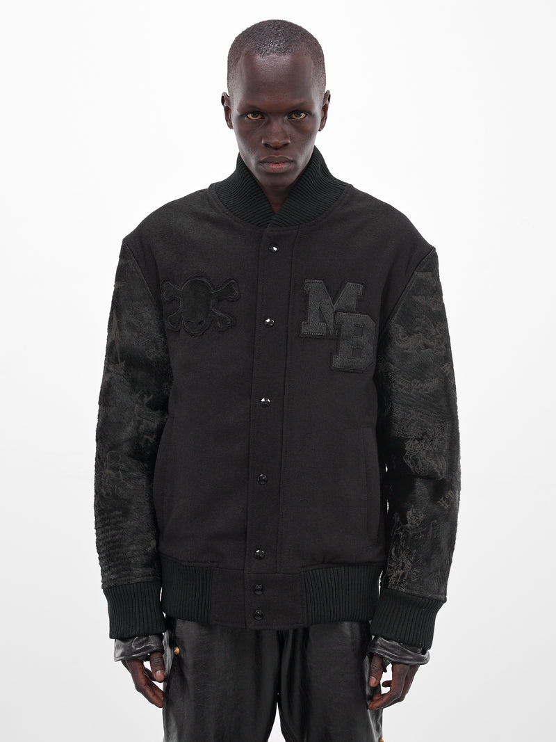 Black Leather Embroidered Varsity Jacket (MBS3-OUT-TDDJ-BLACK)