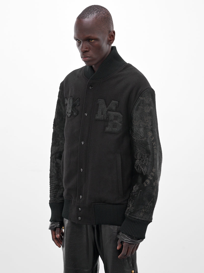 Black Leather Embroidered Varsity Jacket (MBS3-OUT-TDDJ-BLACK)