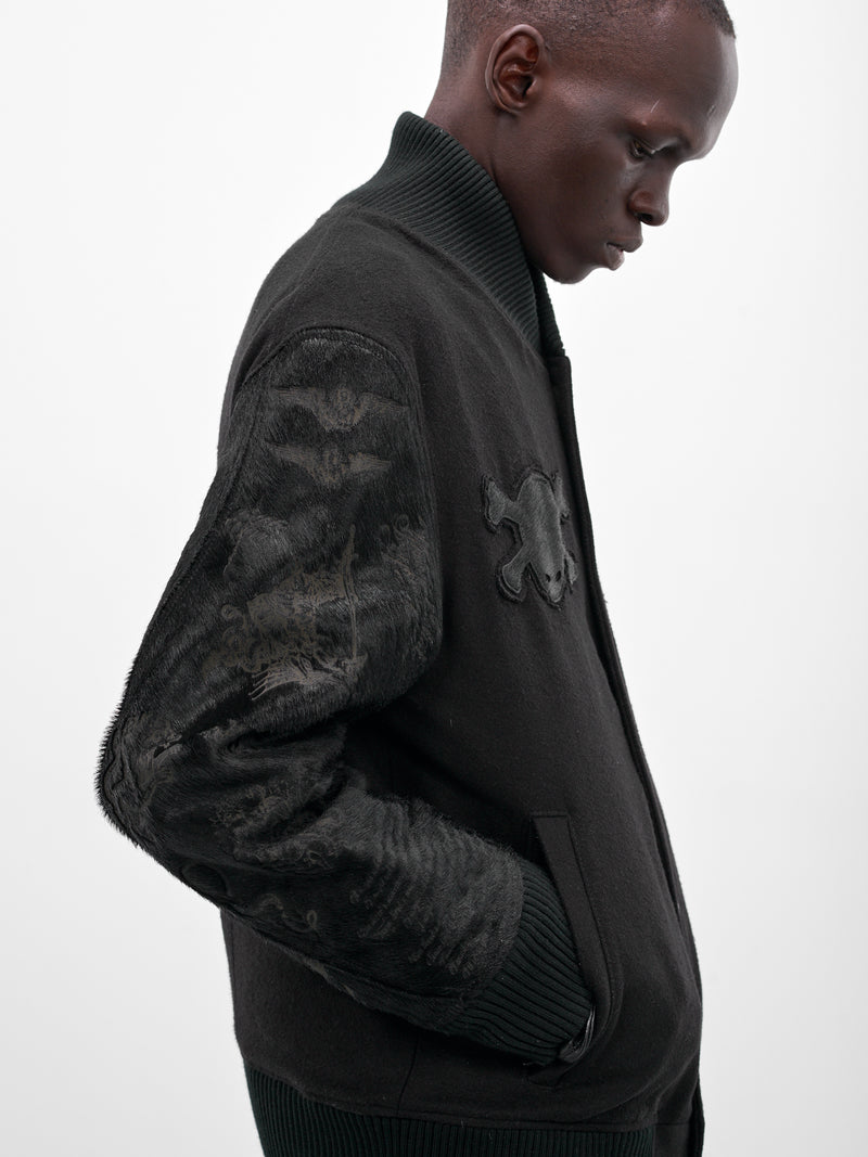 Black Leather Embroidered Varsity Jacket (MBS3-OUT-TDDJ-BLACK)