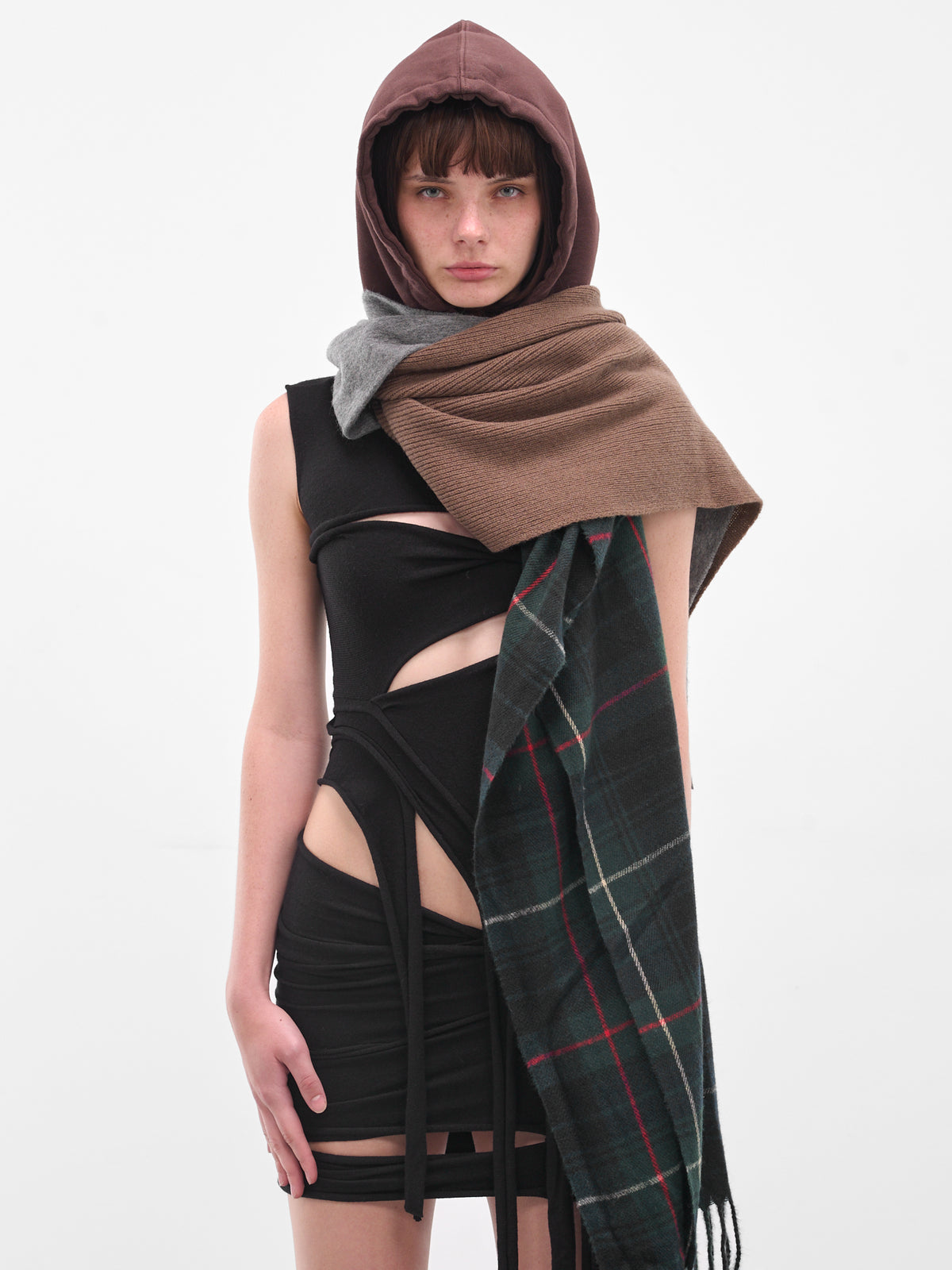 Brown Deconstructed Hoodie Scarf (12990282801-BROWN-GREY)