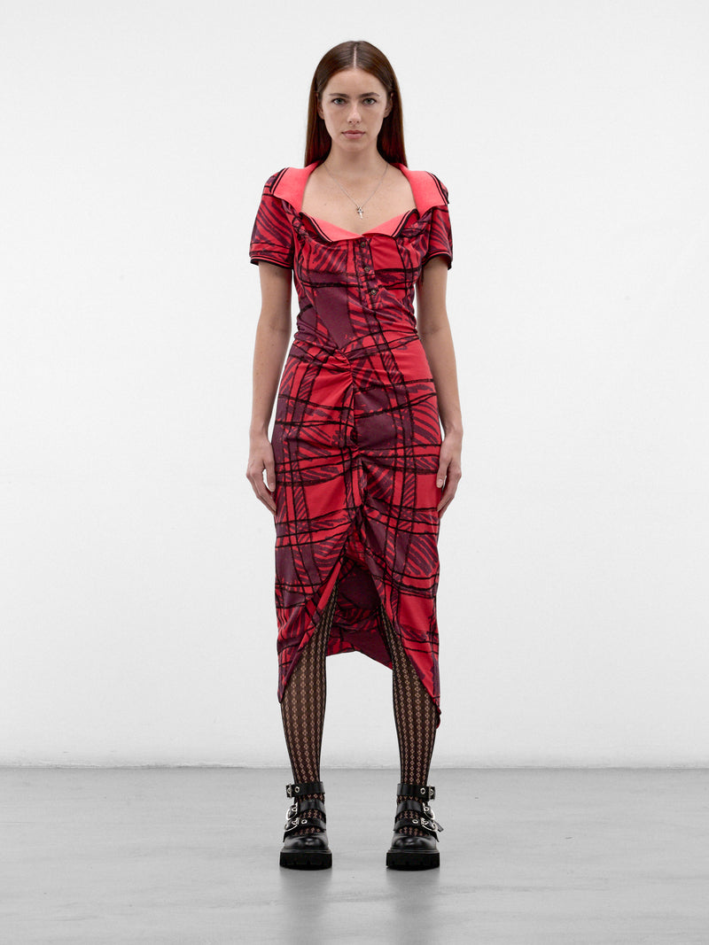 Squiggle Plaid Ruched Midi Dress (16010056-J00BR-RED-SCRIBLLE-CH)