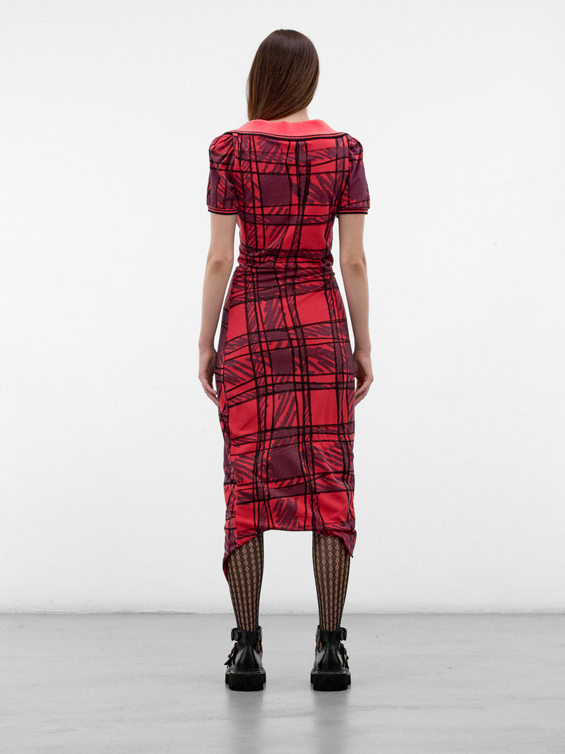 Squiggle Plaid Ruched Midi Dress (16010056-J00BR-RED-SCRIBLLE-CH)