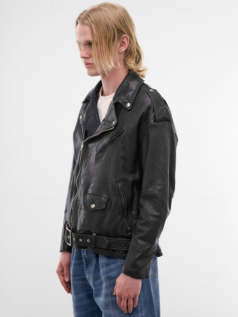 Shrunken Leather Double-Rider Jacket (1626402004-BLACK)