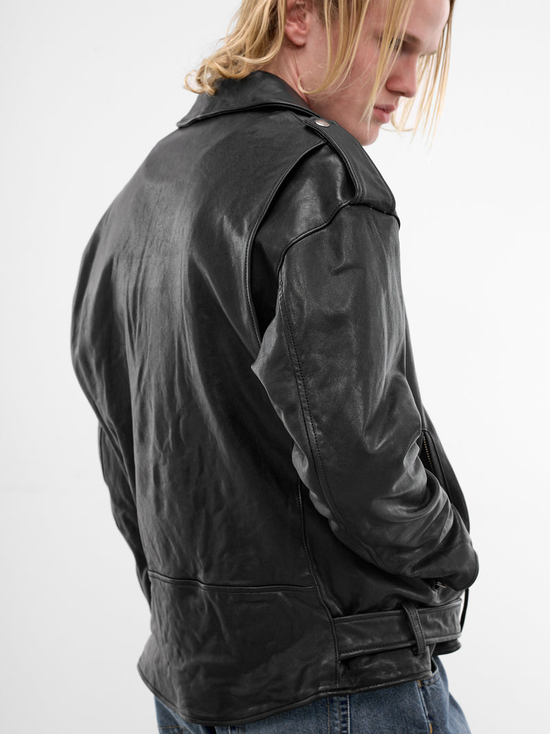 Shrunken Leather Double-Rider Jacket (1626402004-BLACK)