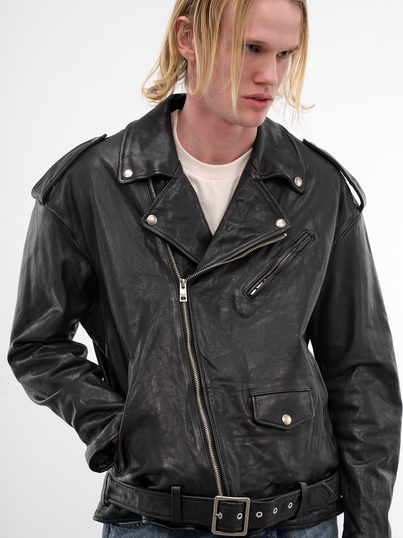 Shrunken Leather Double-Rider Jacket (1626402004-BLACK)