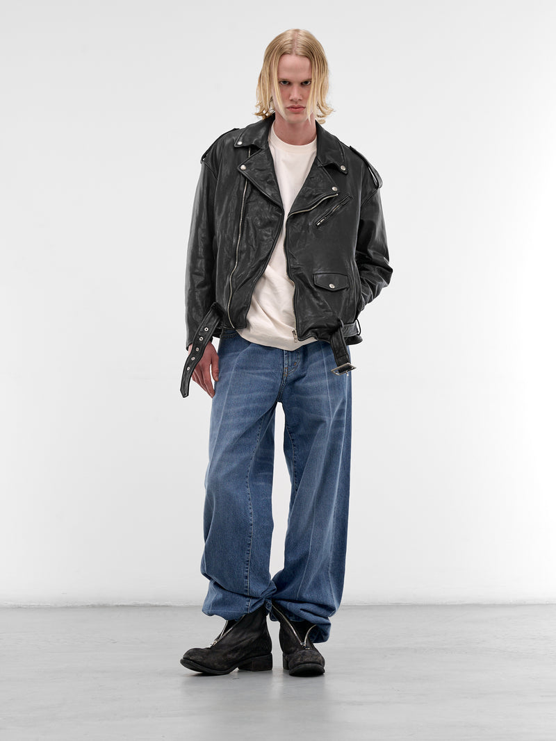 Shrunken Leather Double-Rider Jacket (1626402004-BLACK)