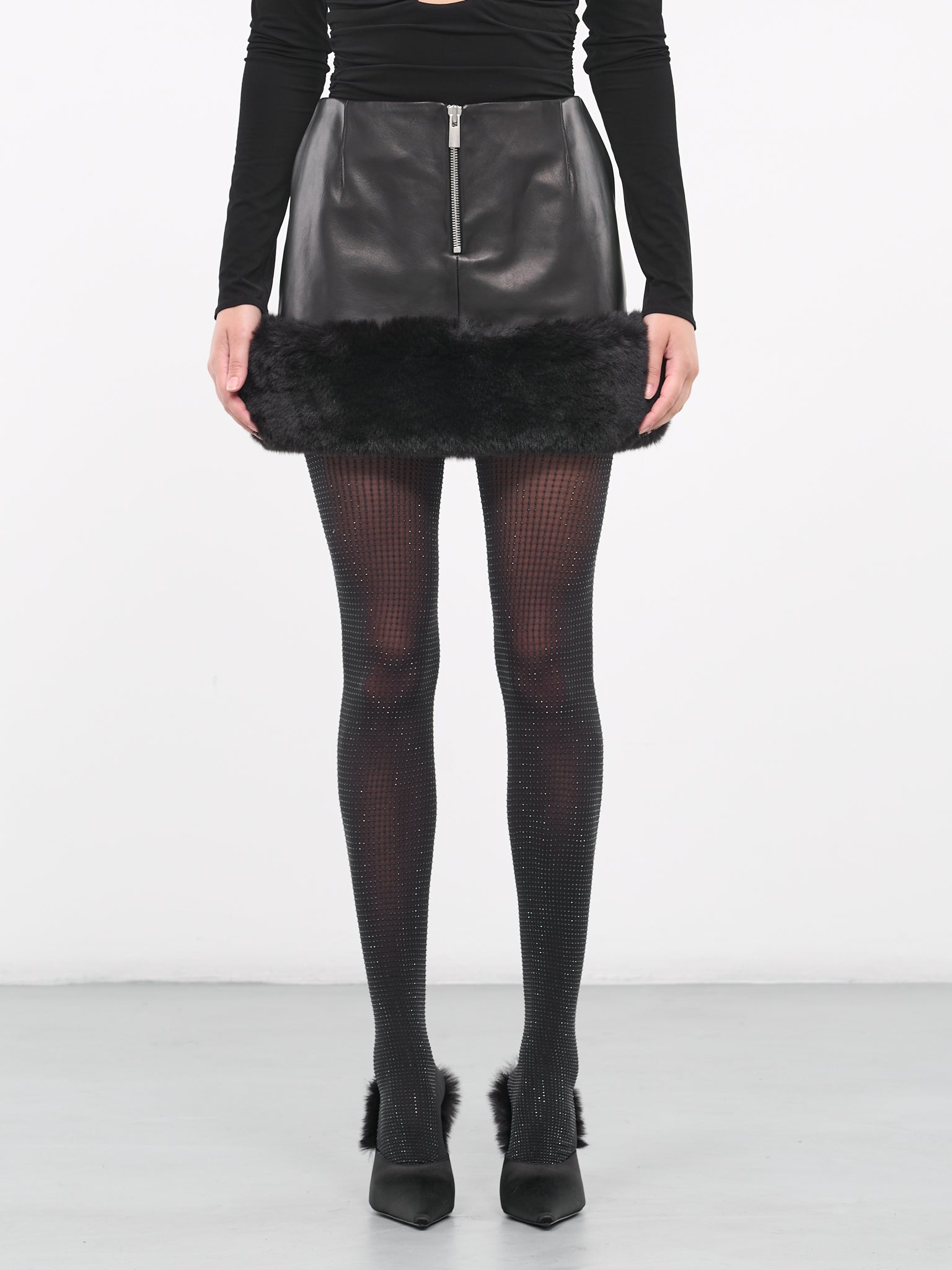 Faux Fur Trim Leather Mini Skirt (168923-BLACK)