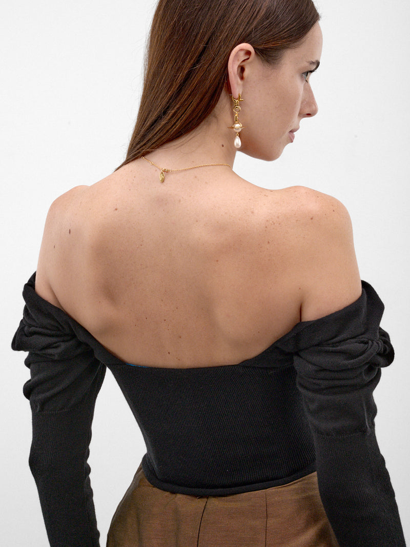 Black Wool Off-Shoulder Corset Top (1803002V-Y001V-BLACK)