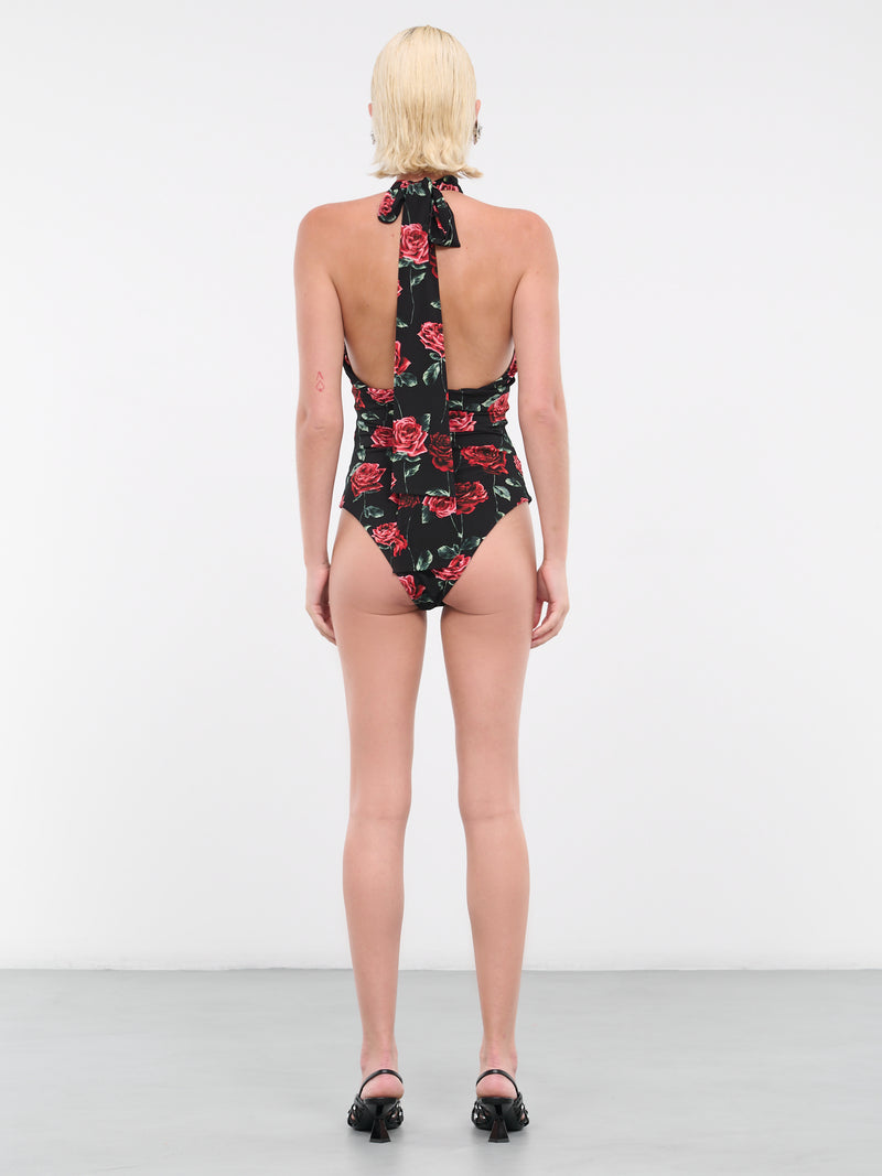Keyhole Halter Bodysuit (203723-BLACK-PRINT)