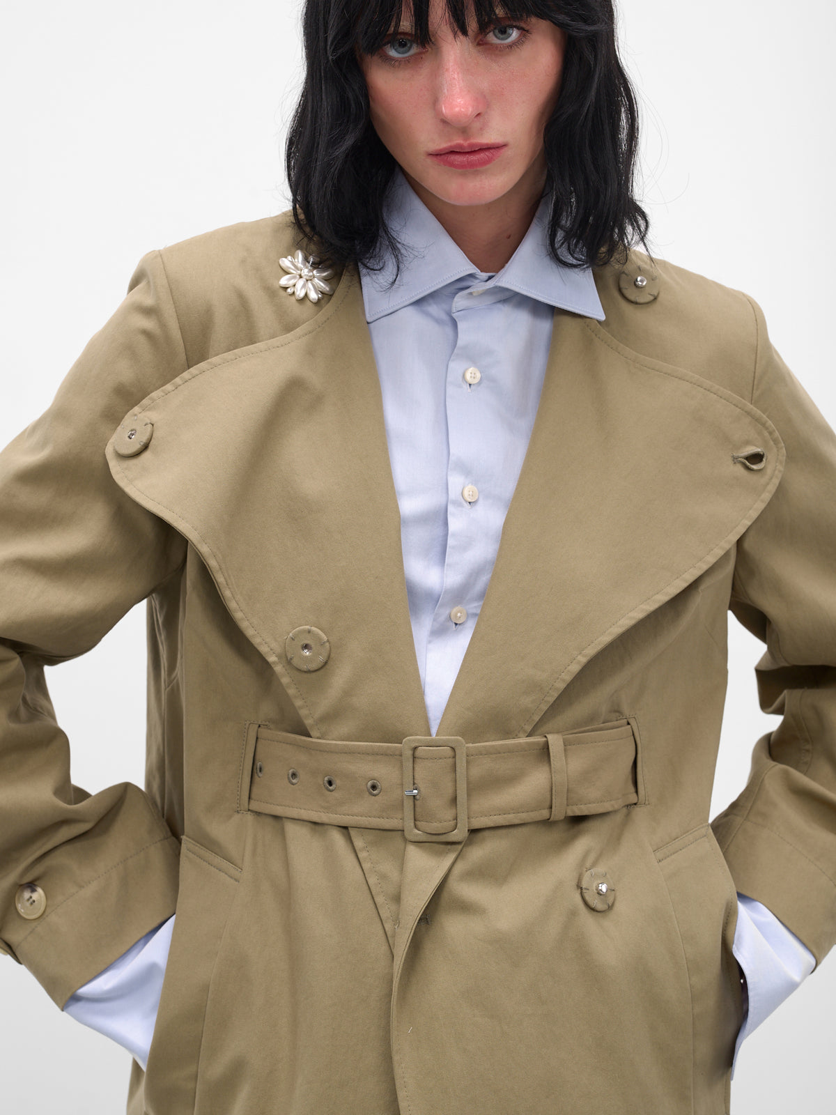 Beige Collarless Slit Trench Coat (2075B-1267-STONE-PEARL)