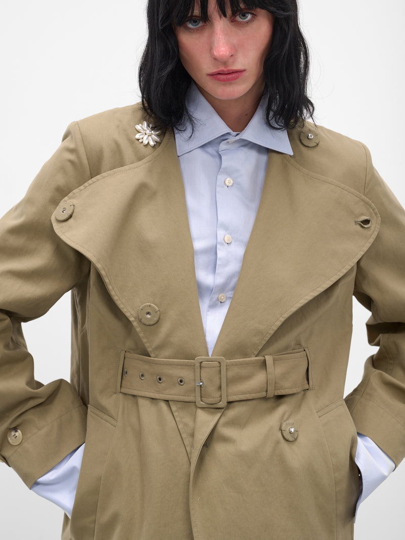 Beige Collarless Slit Trench Coat (2075B-1267-STONE-PEARL)