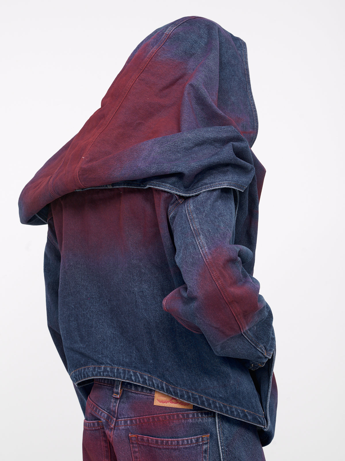 Snap-Off Panel Hood Denim Jacket (207JA003-D14-BLUE-RED-SPRAY)