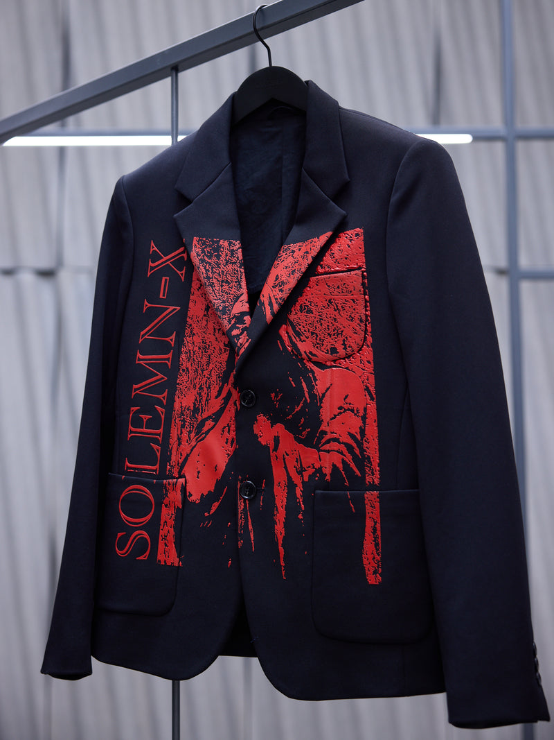 Black Relaxed Graphic Print Blazer (221-M547A-30001-0099-BLACK)