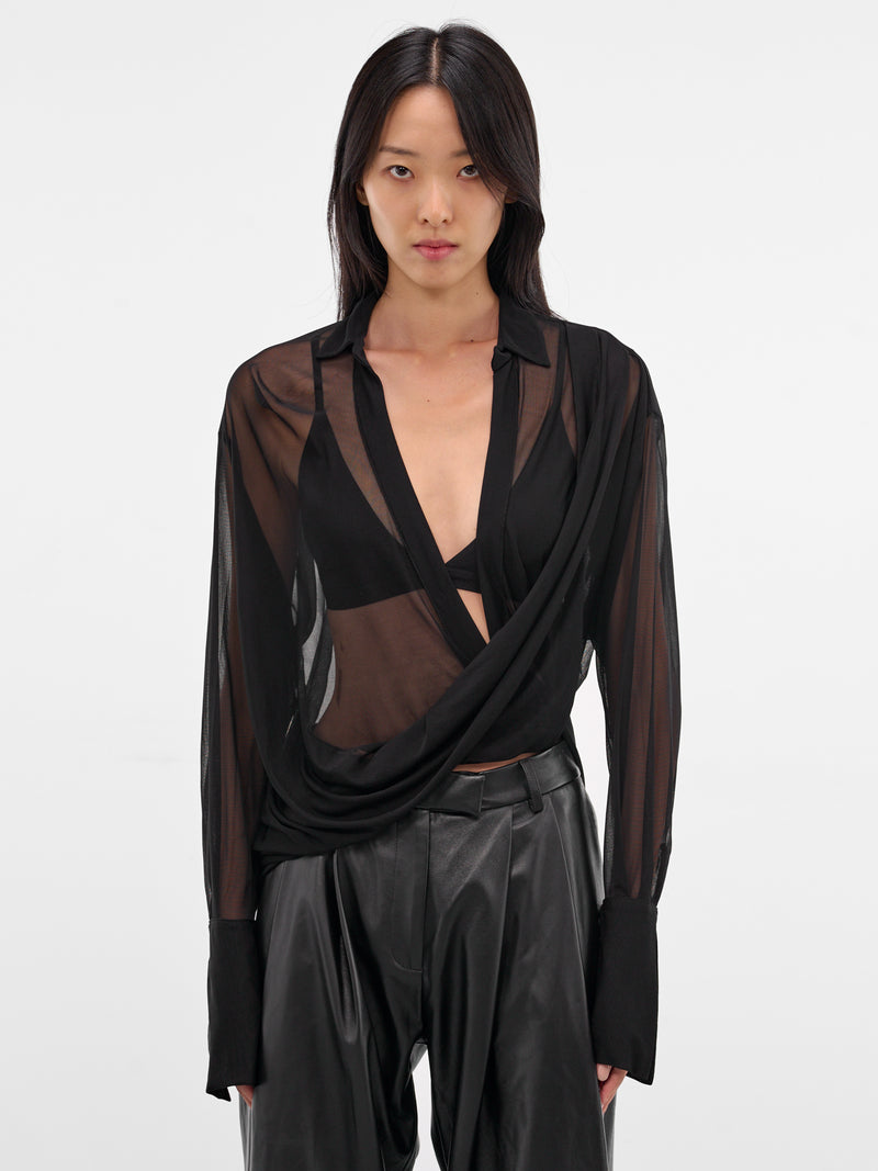 Black Poly Sheer Draped Shirt (237-T08-BLACK)
