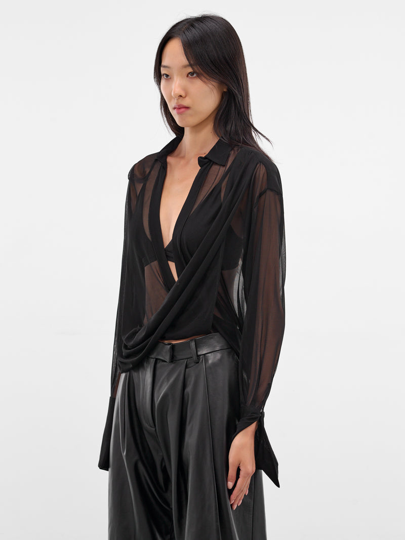 Black Poly Sheer Draped Shirt (237-T08-BLACK)