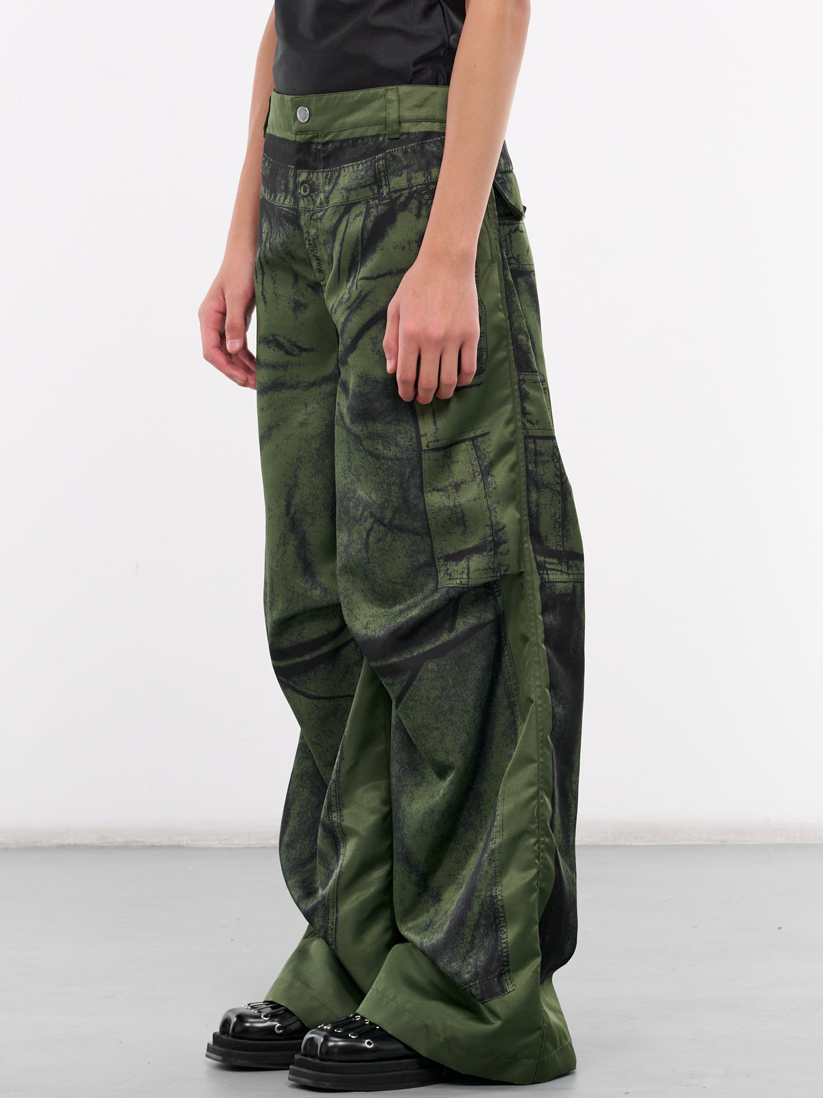 Green Trompe L'oeil Cargo Pants (24-30-F-PA134-C539-KHAKI-BLACK)