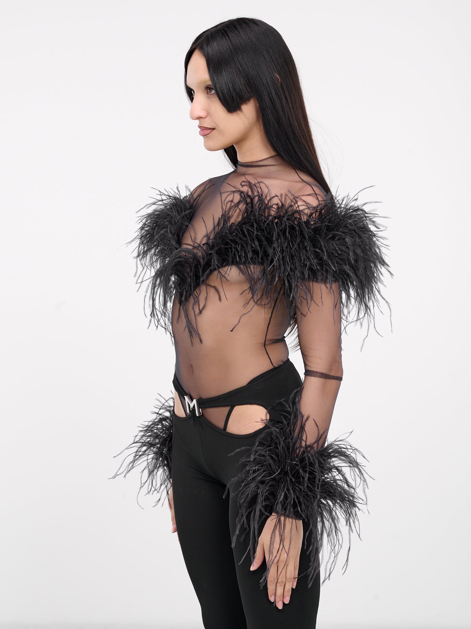Black Feather Sheer Bodysuit (24P1BO0229580-BLACK)