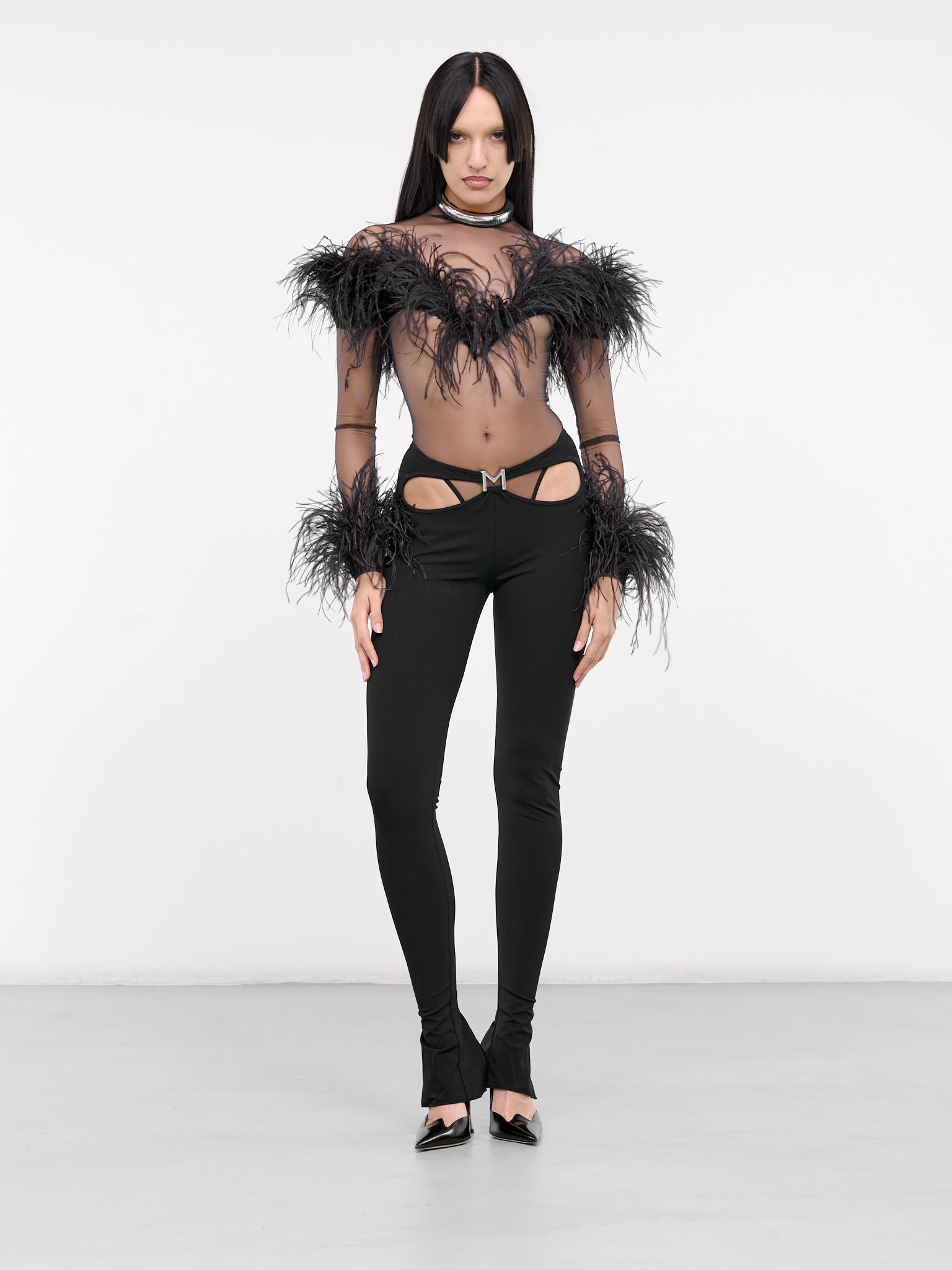 Black Feather Sheer Bodysuit (24P1BO0229580-BLACK)