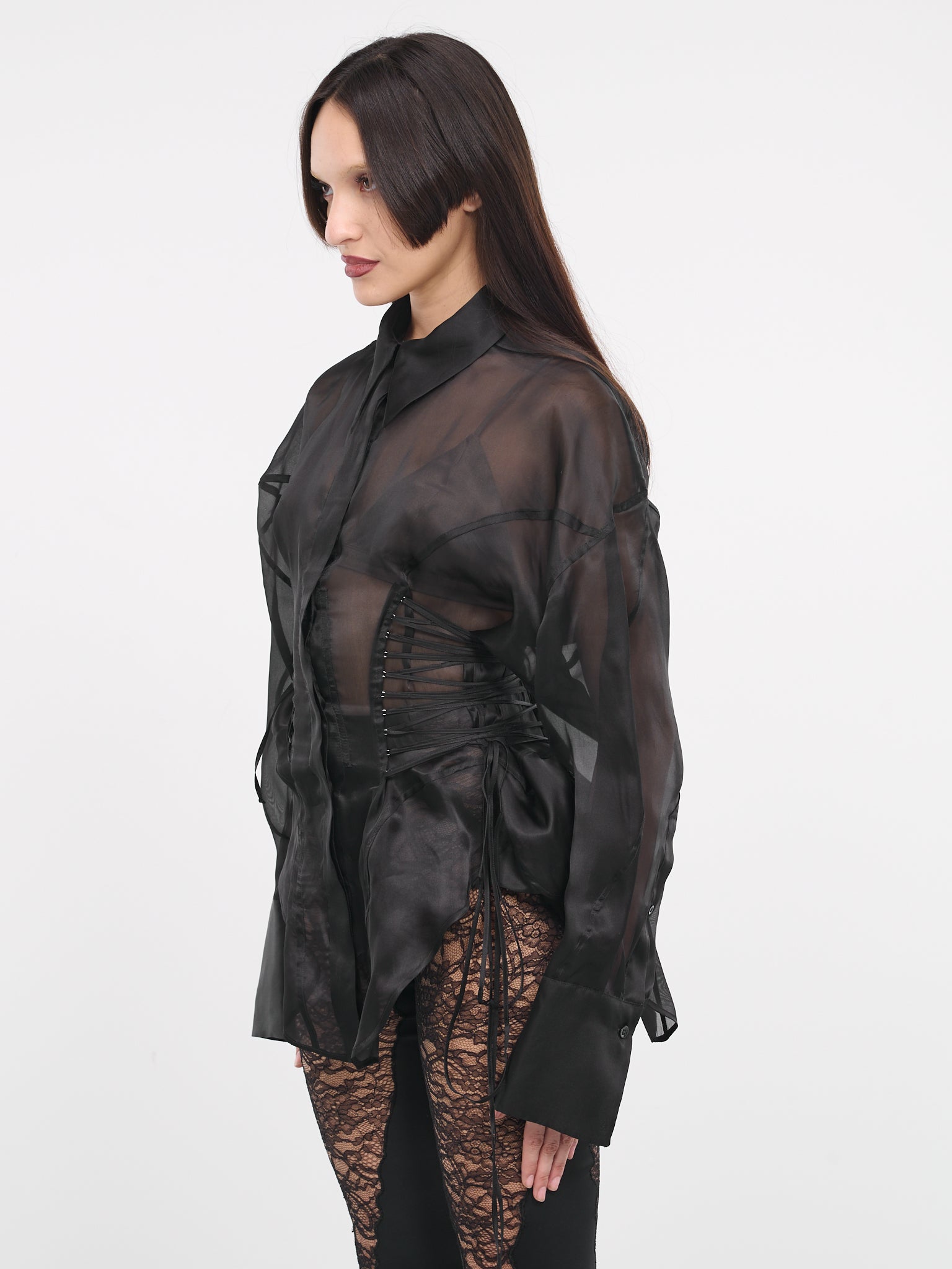 Lace-Up Silk Organza Shirt (24P1TO0641363-1999-BLACK)
