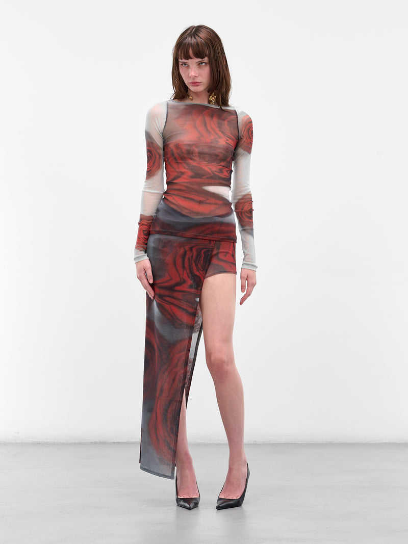 Red Blurry Roses Asymmetric Skort (25-04-W-SK016-W-MULTI)