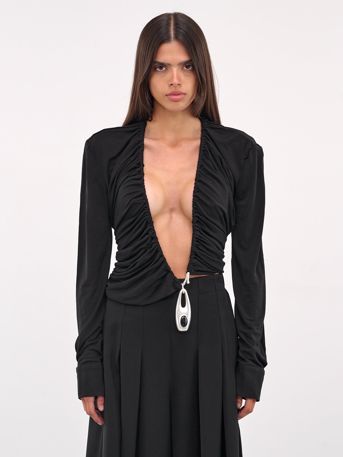 Lavalliere Draped Long Sleeve Top (25011588-BLACK)
