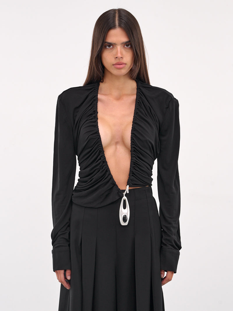 Lavalliere Draped Long Sleeve Top (25011588-BLACK)